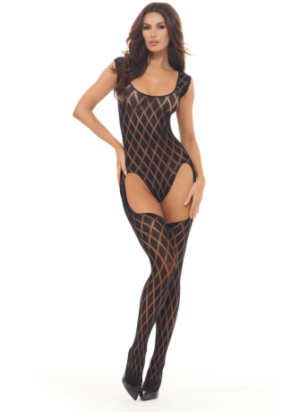Combinaison body en résille noire avec bas intégrés - REN7116-BLK